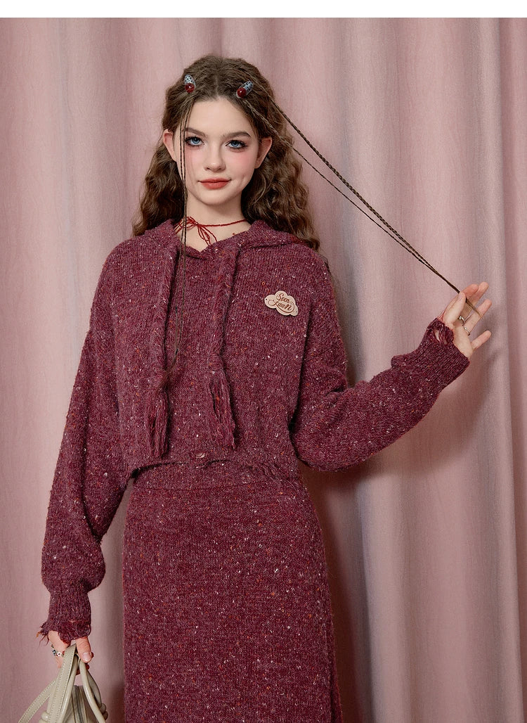 Textured Hooded Knit Sweater & Long Knit Skirt Setup