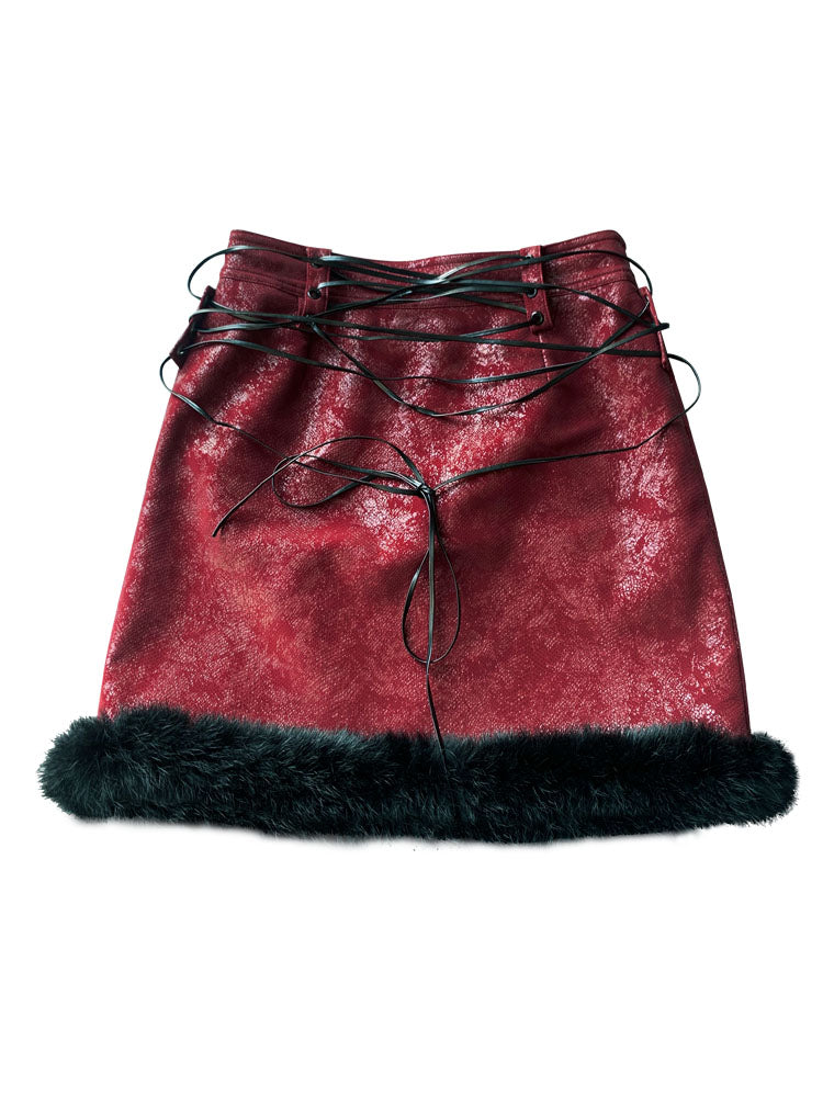 Fur Patchwork Tie-Strap PU Leather Skirt