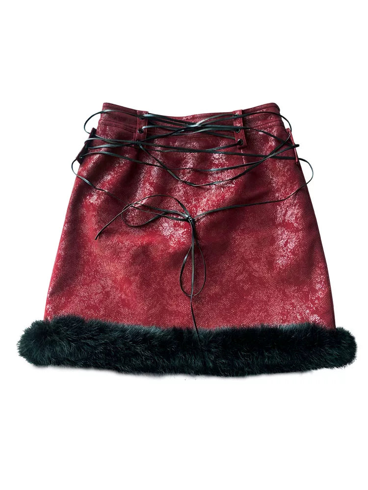 Fur Patchwork Tie-Strap PU Leather Skirt