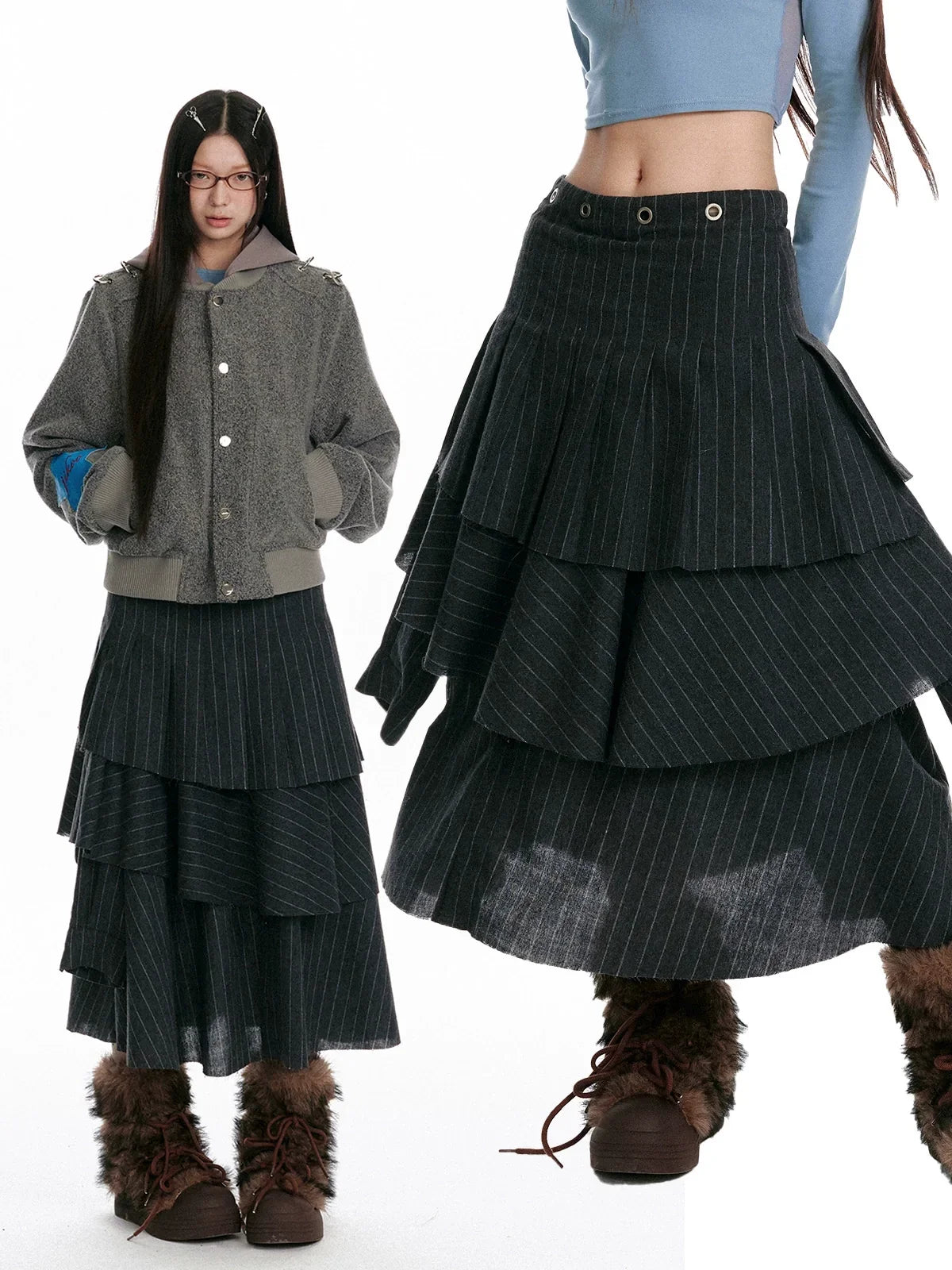 Textured Asymmetrical Striped Midi Ruffle Skirt