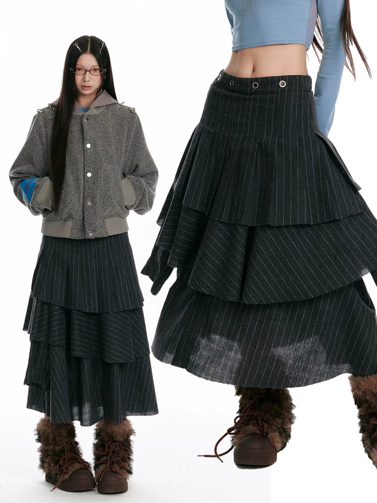 Textured Asymmetrical Striped Midi Ruffle Skirt