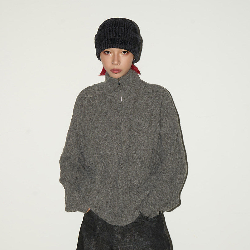 Cable Knit Stand Neck Zipper Knit Cardigan