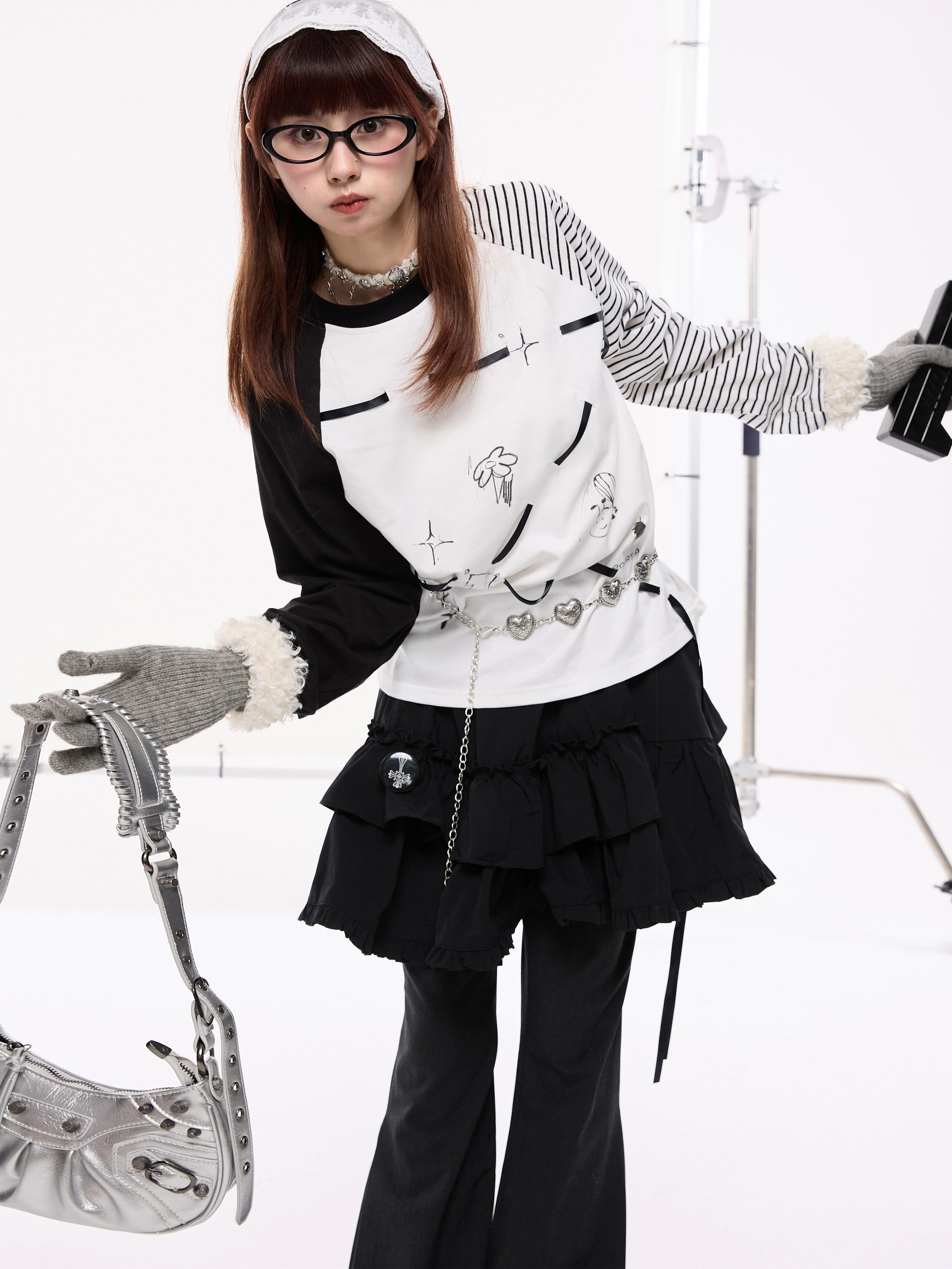 Lace-Up Stripe Patchwork Contrast Raglan Sleeve Long Sleeve T-Shirt