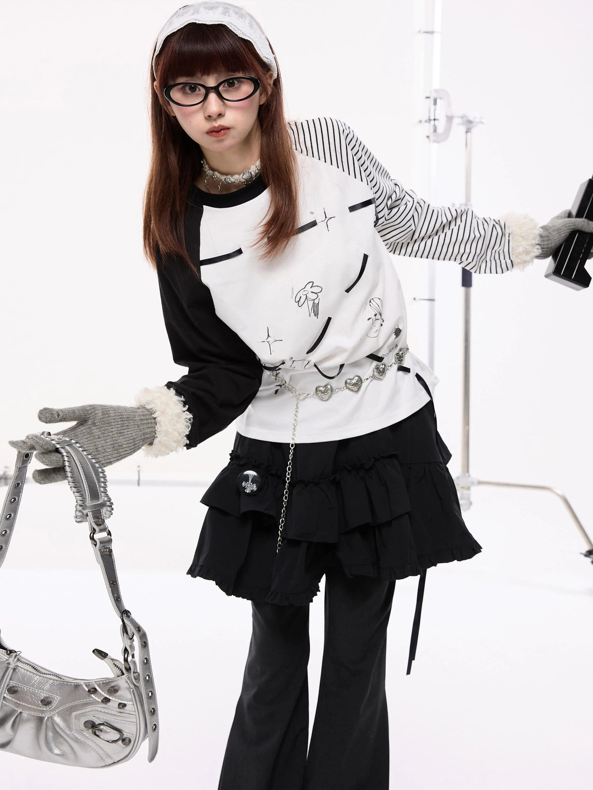 Lace-Up Stripe Patchwork Contrast Raglan Sleeve Long Sleeve T-Shirt