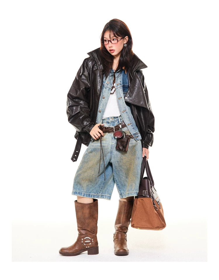 Asymmetrical Stand Collar PU Leather Jacket