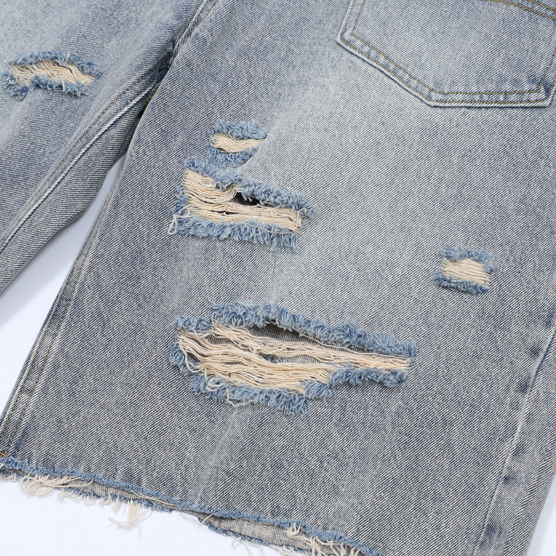 Washed Damage Wide Leg Denim Short Pants