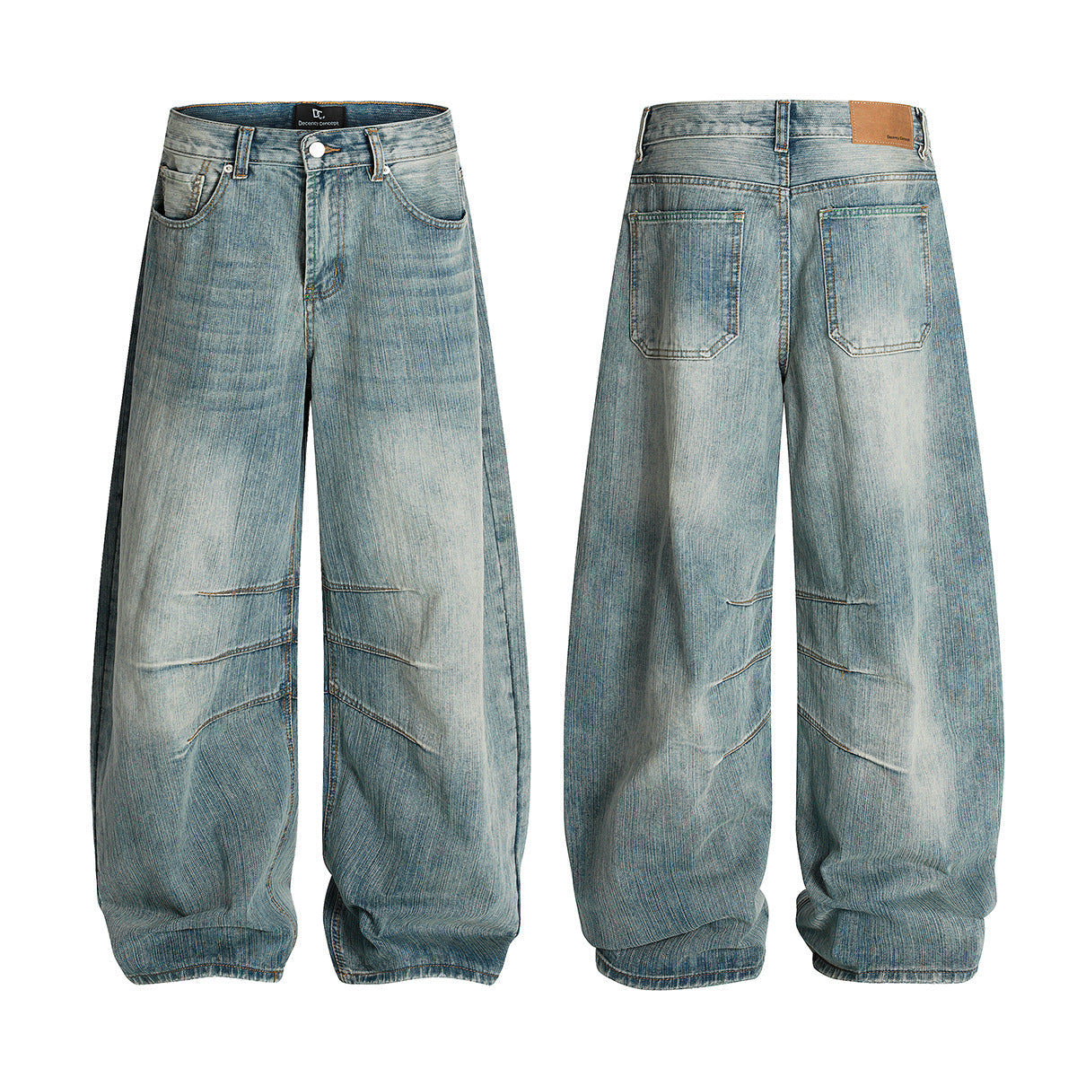 Washed Pleats Curved Denim Jeans