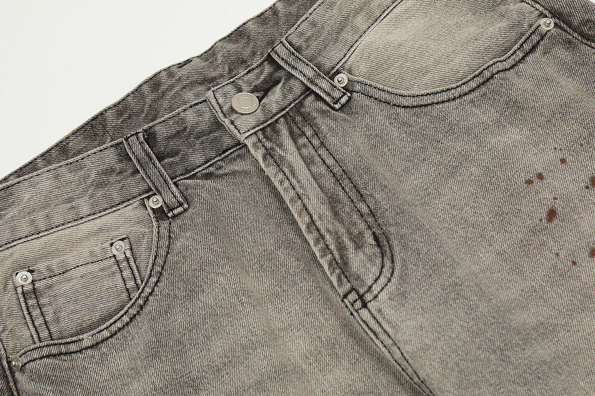 Washed Damage Straight Wide Leg Denim Jeans