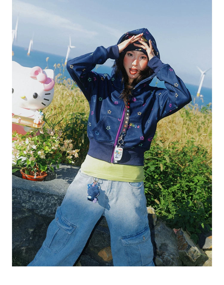 Star Print Fleece Zipper Hoodie