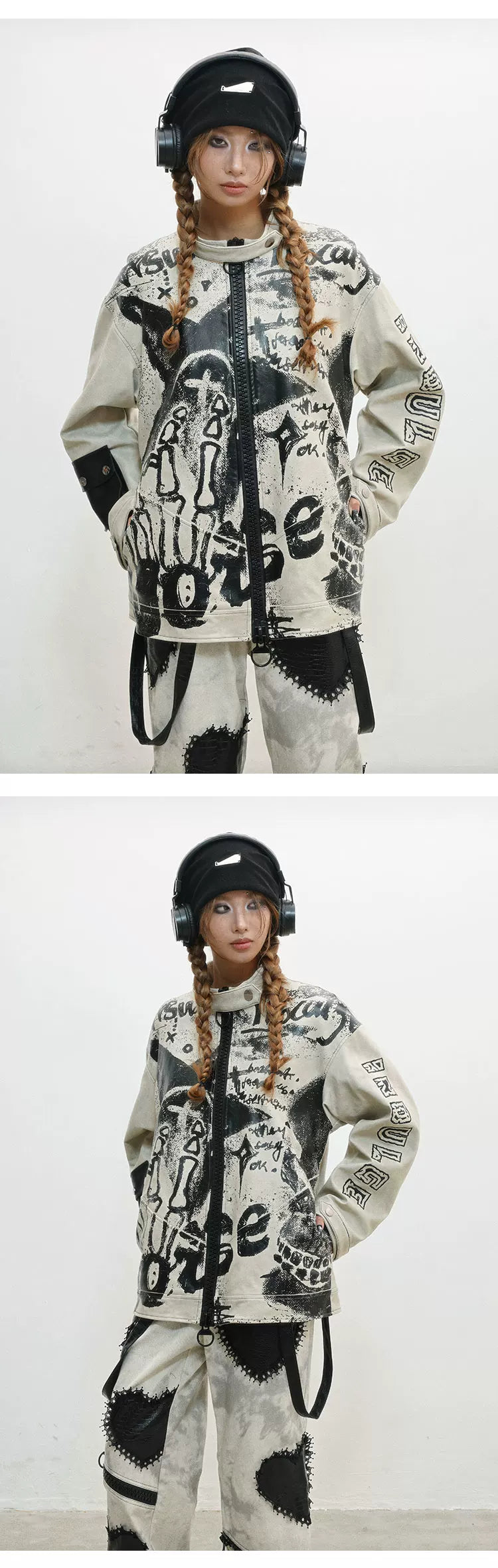 Damage Print Thick PU Leather Jacket