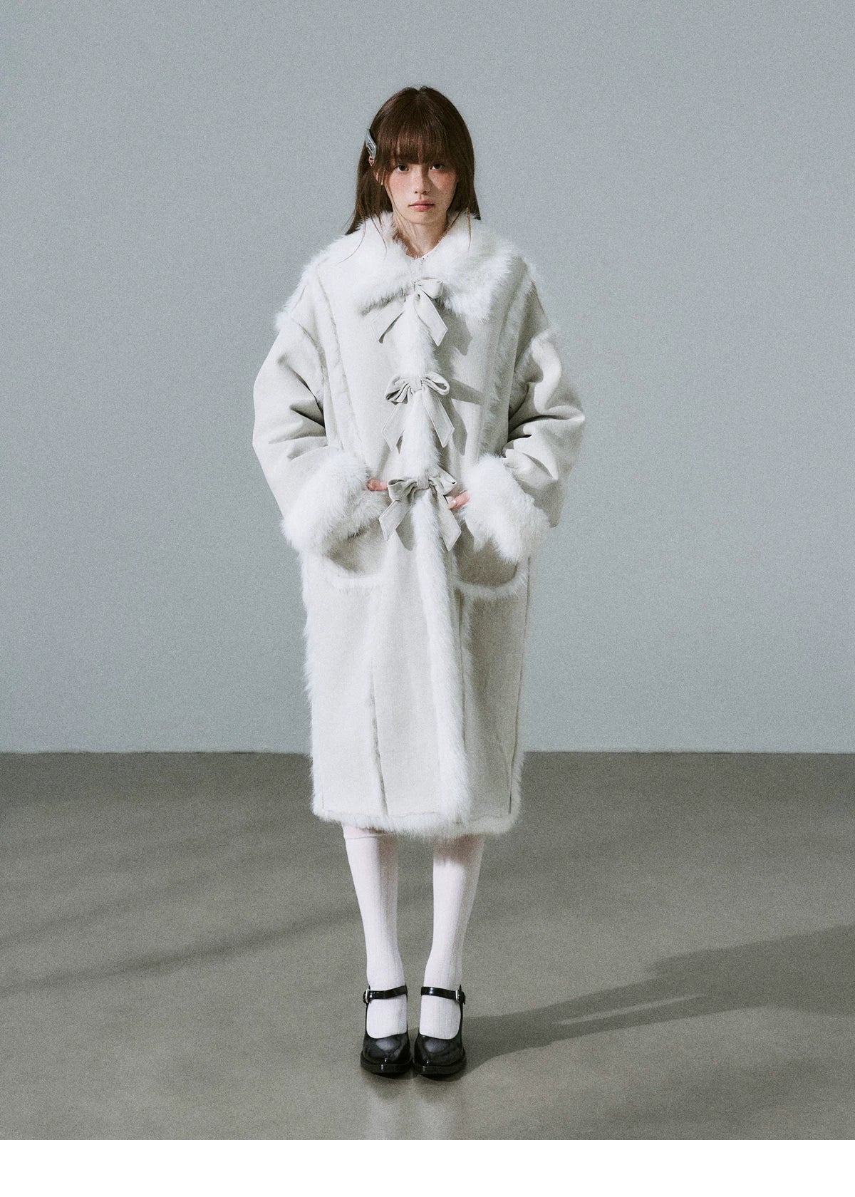 Bow Detail Fake Fur Trimmed Coat