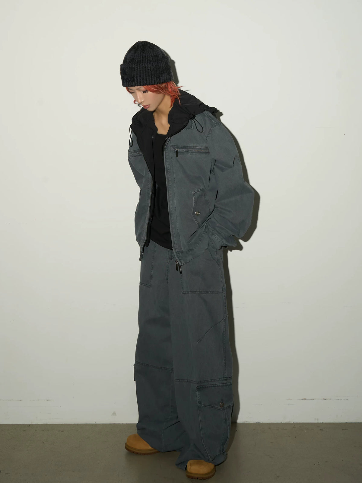 Fake Layered Hooded Jacket & Multi Pocket Cargo Pants Setup