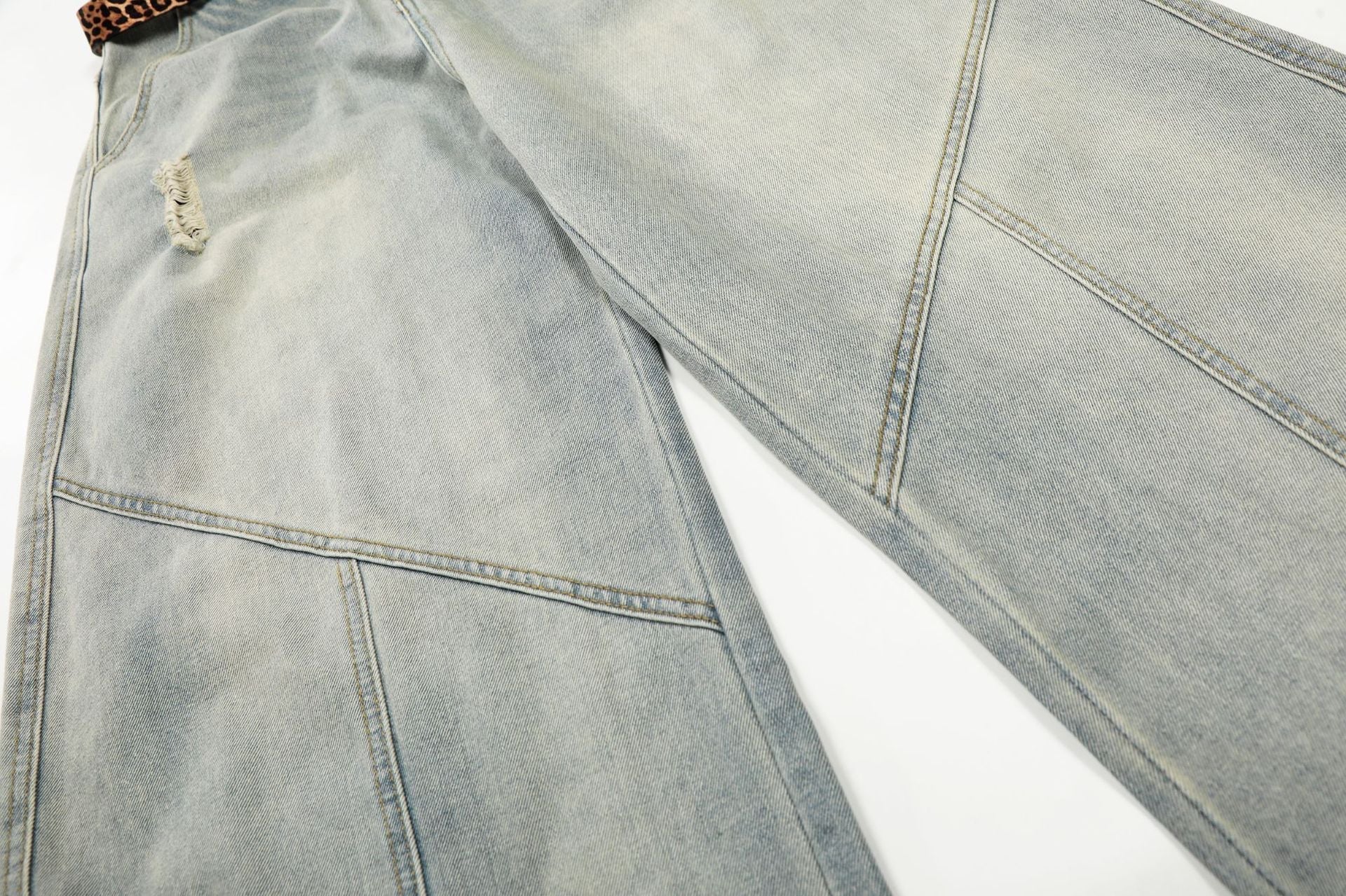 Washed Damage Panel Curved Denim Jeans