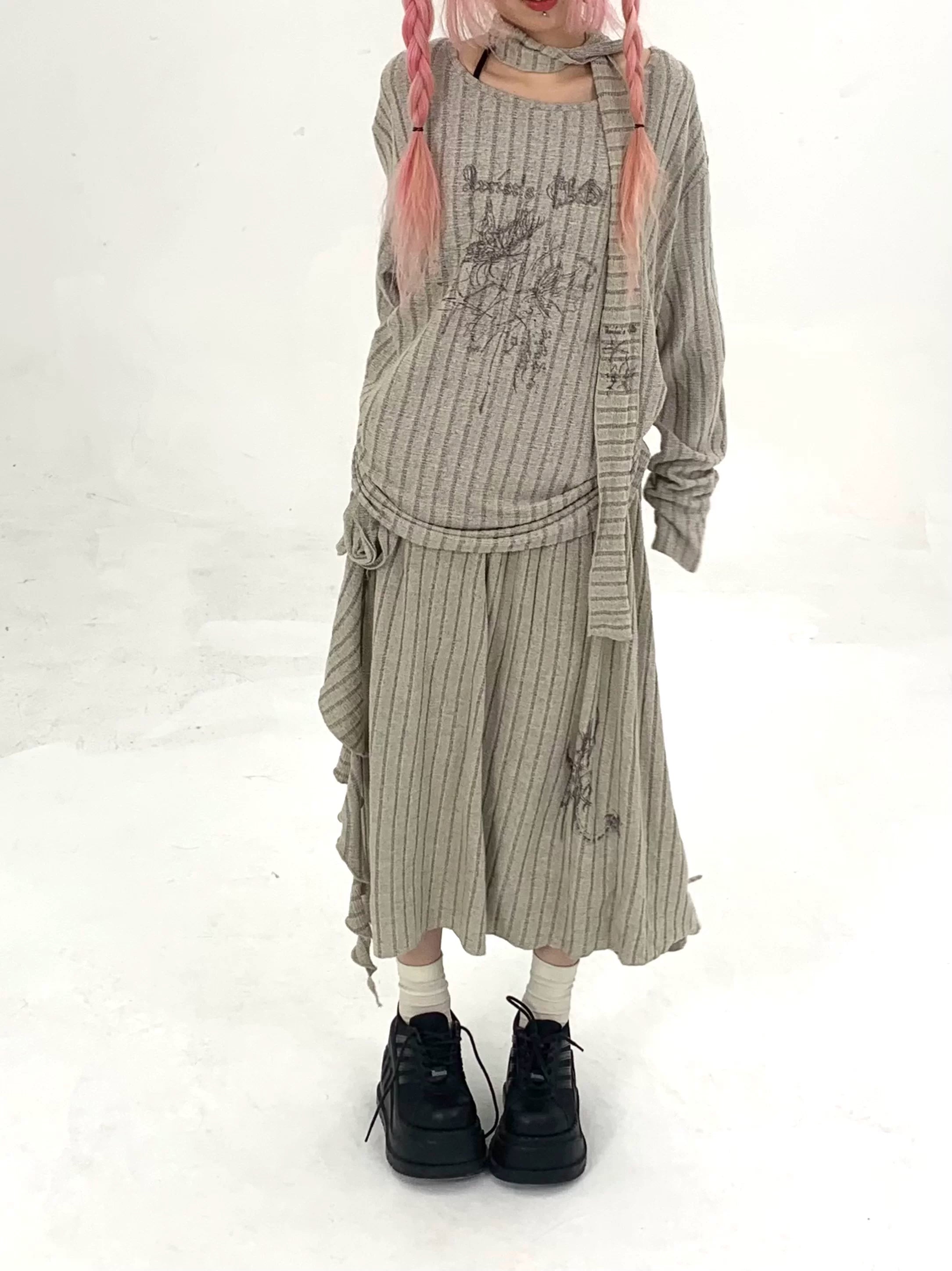 Ribbed Letter Print Strap Detail Oversize Knit Sweater