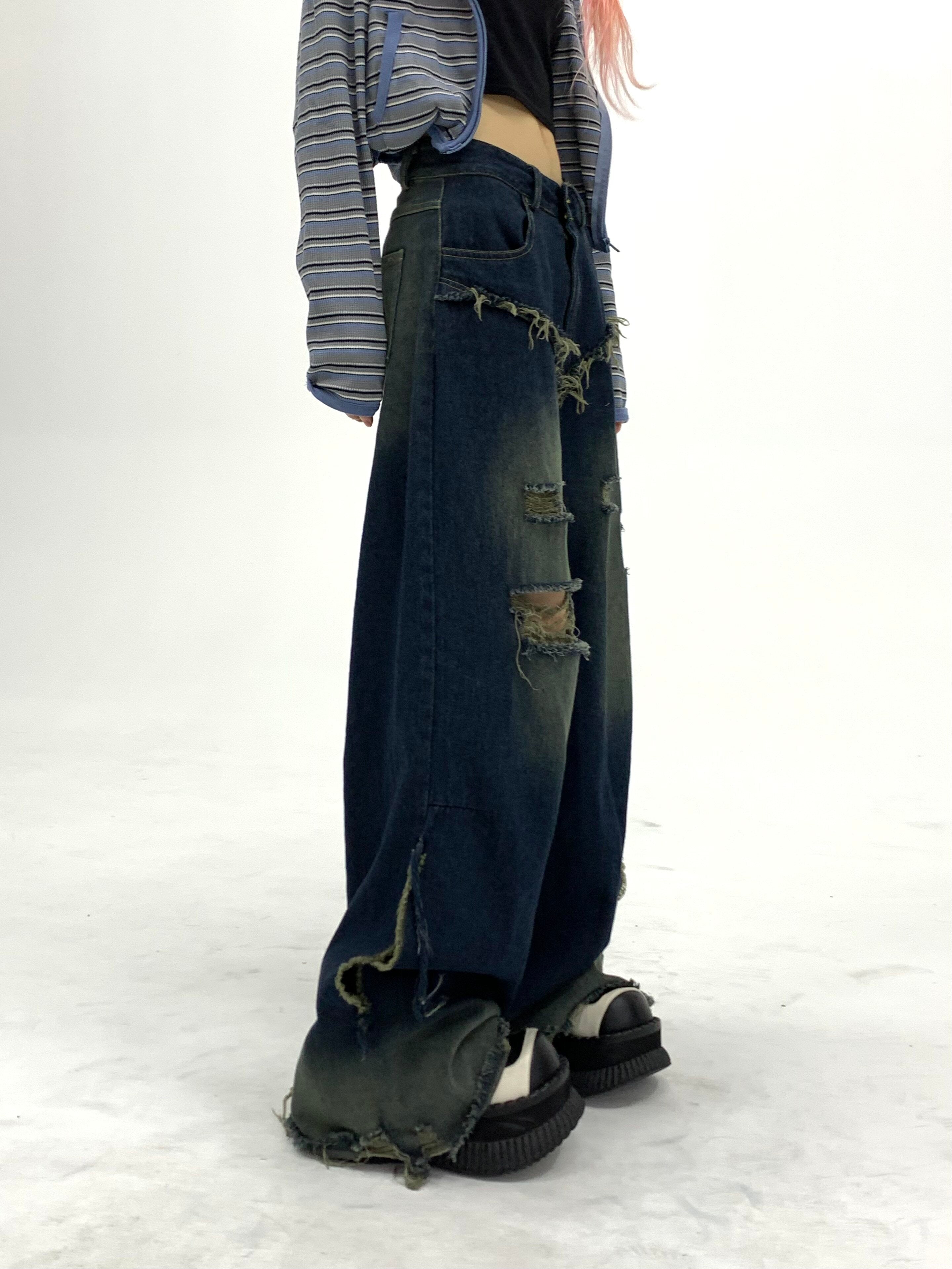 Washed Damage Fray Panel Wide Leg Denim Jeans