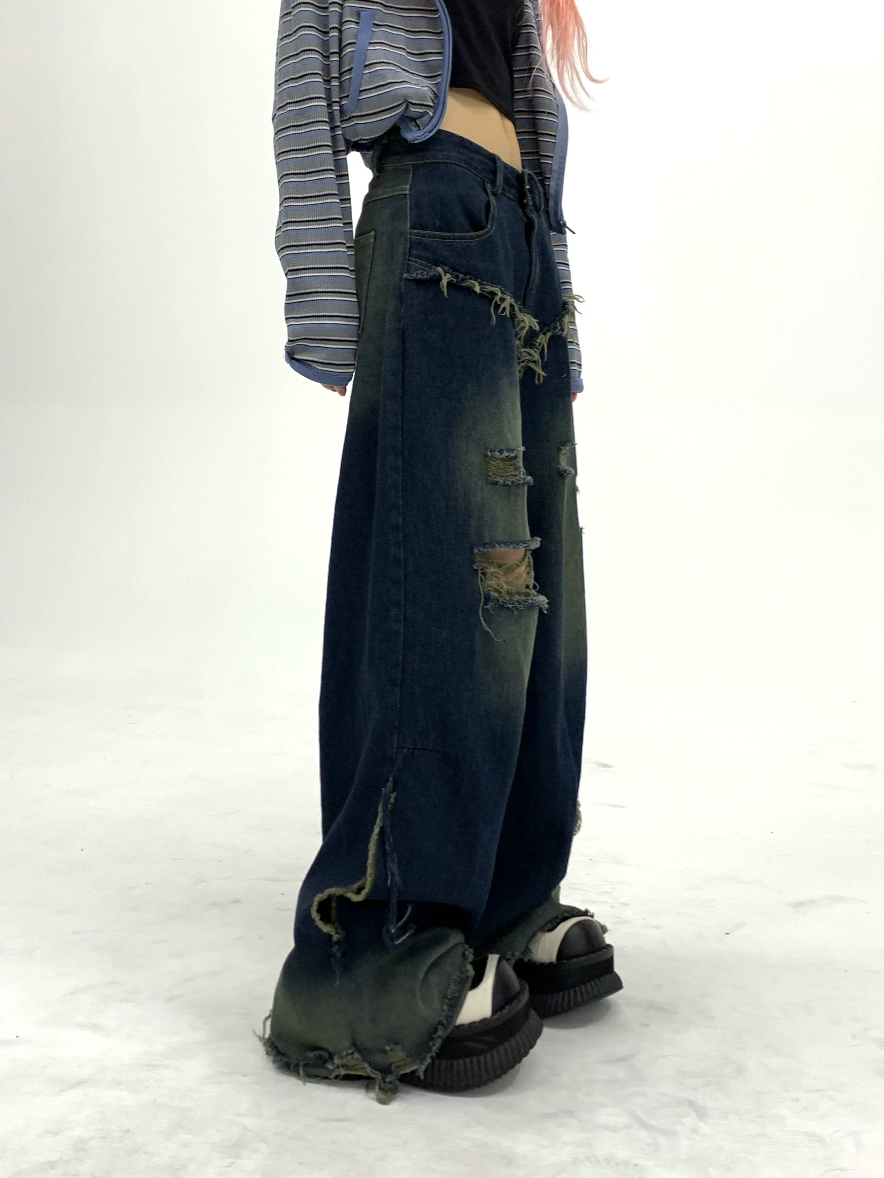 Washed Damage Fray Panel Wide Leg Denim Jeans