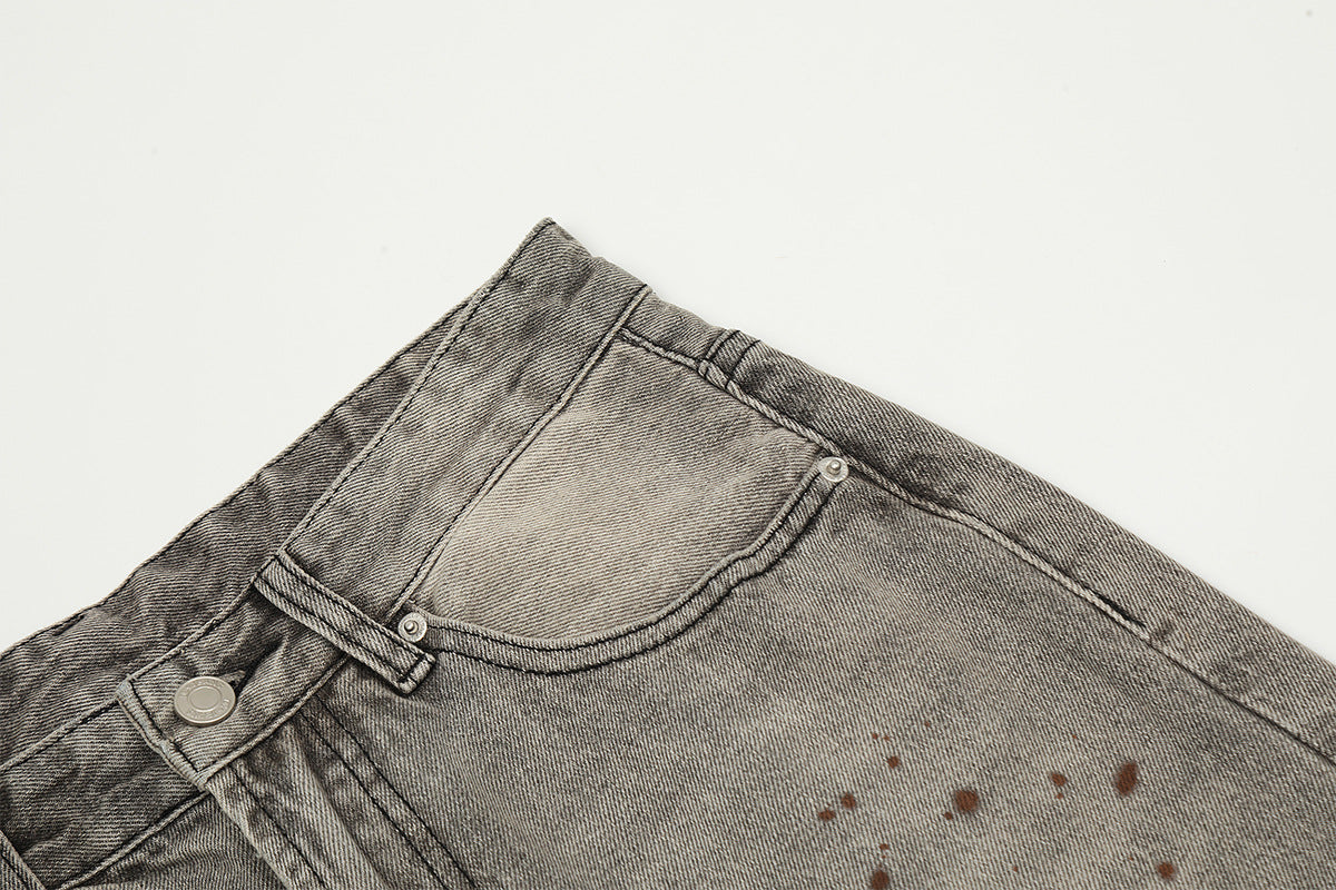 Washed Damage Straight Wide Leg Denim Jeans