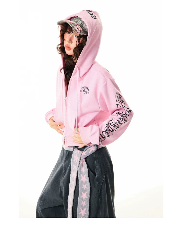 Gothic Logo Print Cropped Zipper Hoodie