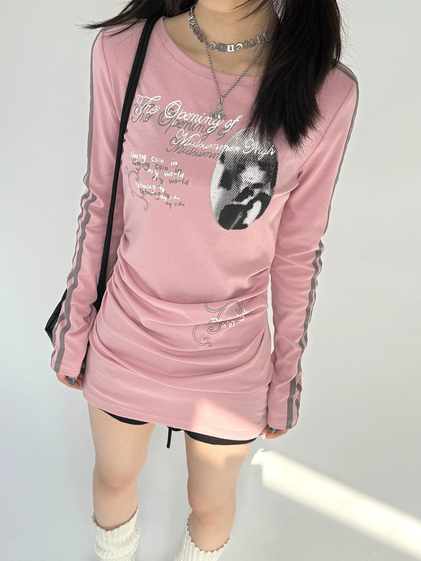 Stripe Sleeve Graphic Print Ruched Fitted Long T-Dress