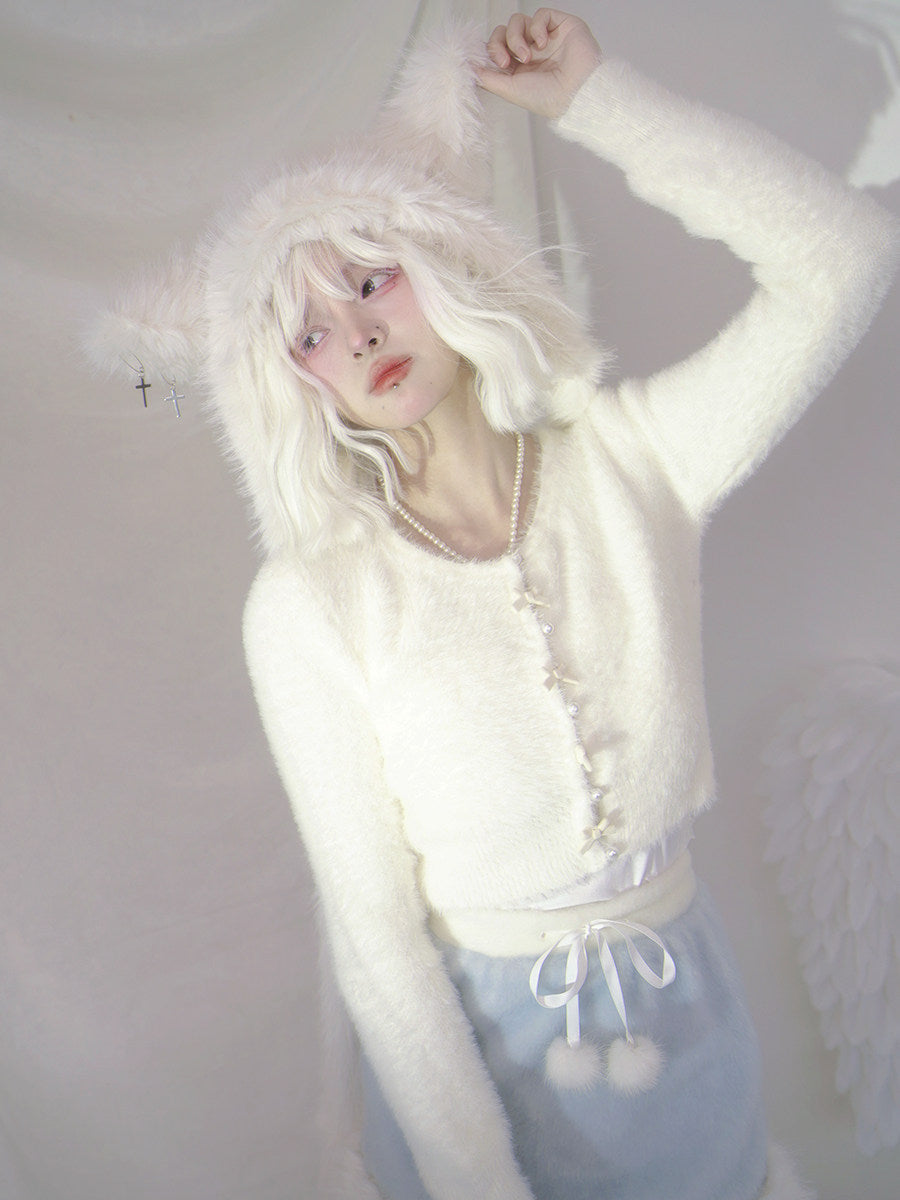 Pearl Bow Short Knit Cardigan