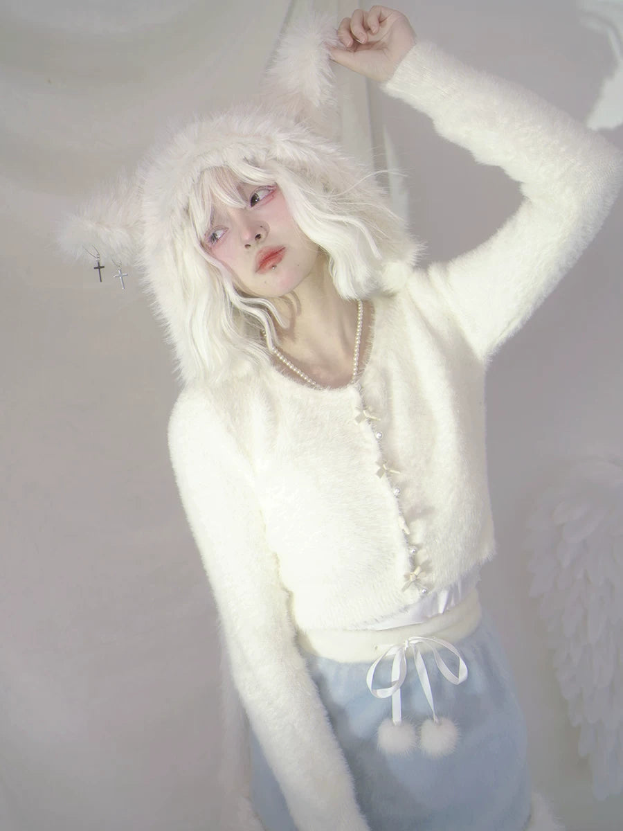 Pearl Bow Short Knit Cardigan