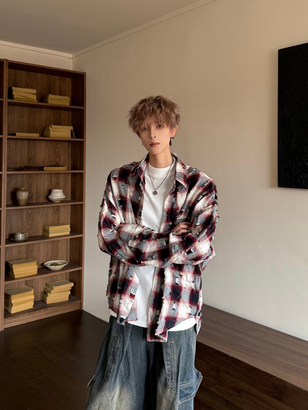 Camicia oversize a maniche lunghe con bottoni sul davanti e motivo a quadri Damage