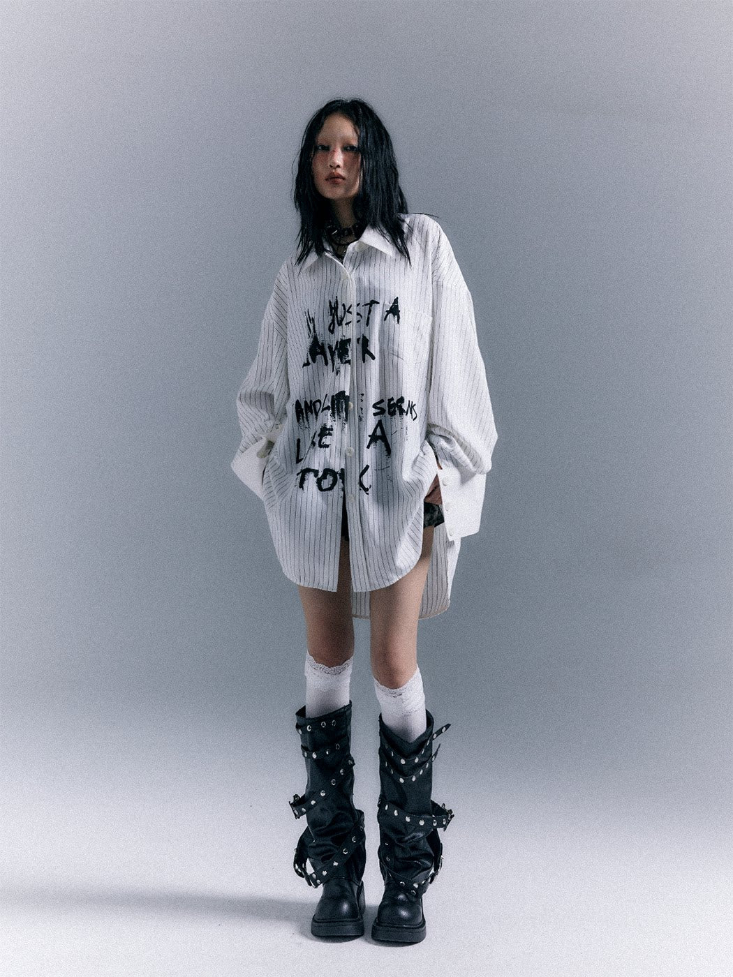 Graffiti Print Stripe Oversize Long Sleeve Shirt