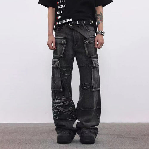 Calça Jeans Wide Leg com Bordado e Bolsos Cargo - Preto / M