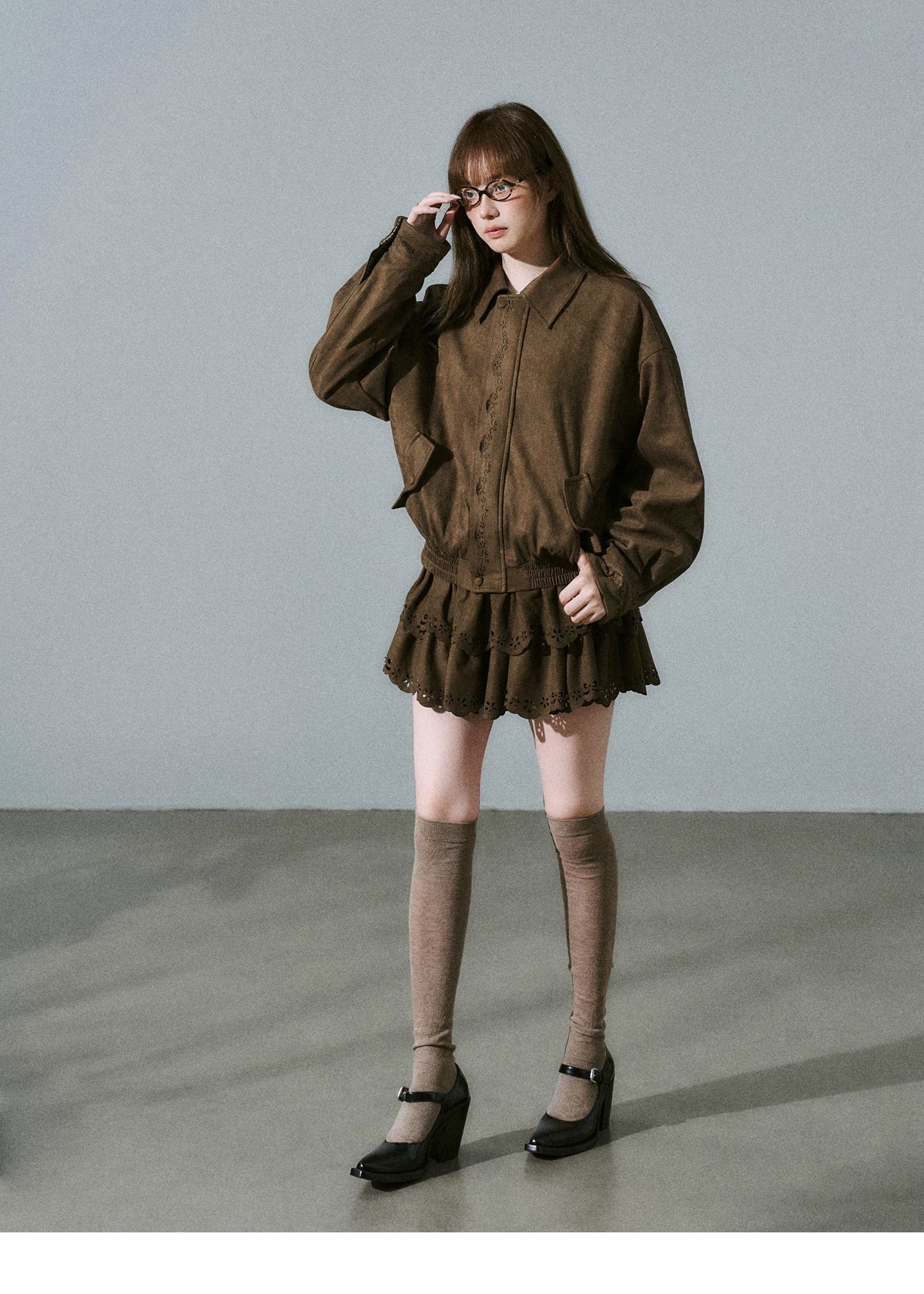 Suede Zipper Jacket & Scalloped Skirt Setup