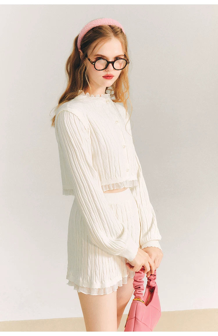 Tulip Button Knit Cardigan & Knit Short Skirt Setup