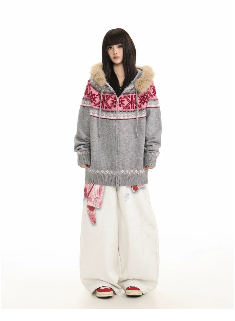 Fur Collar Fair Isle Hooded Knit Cardigan