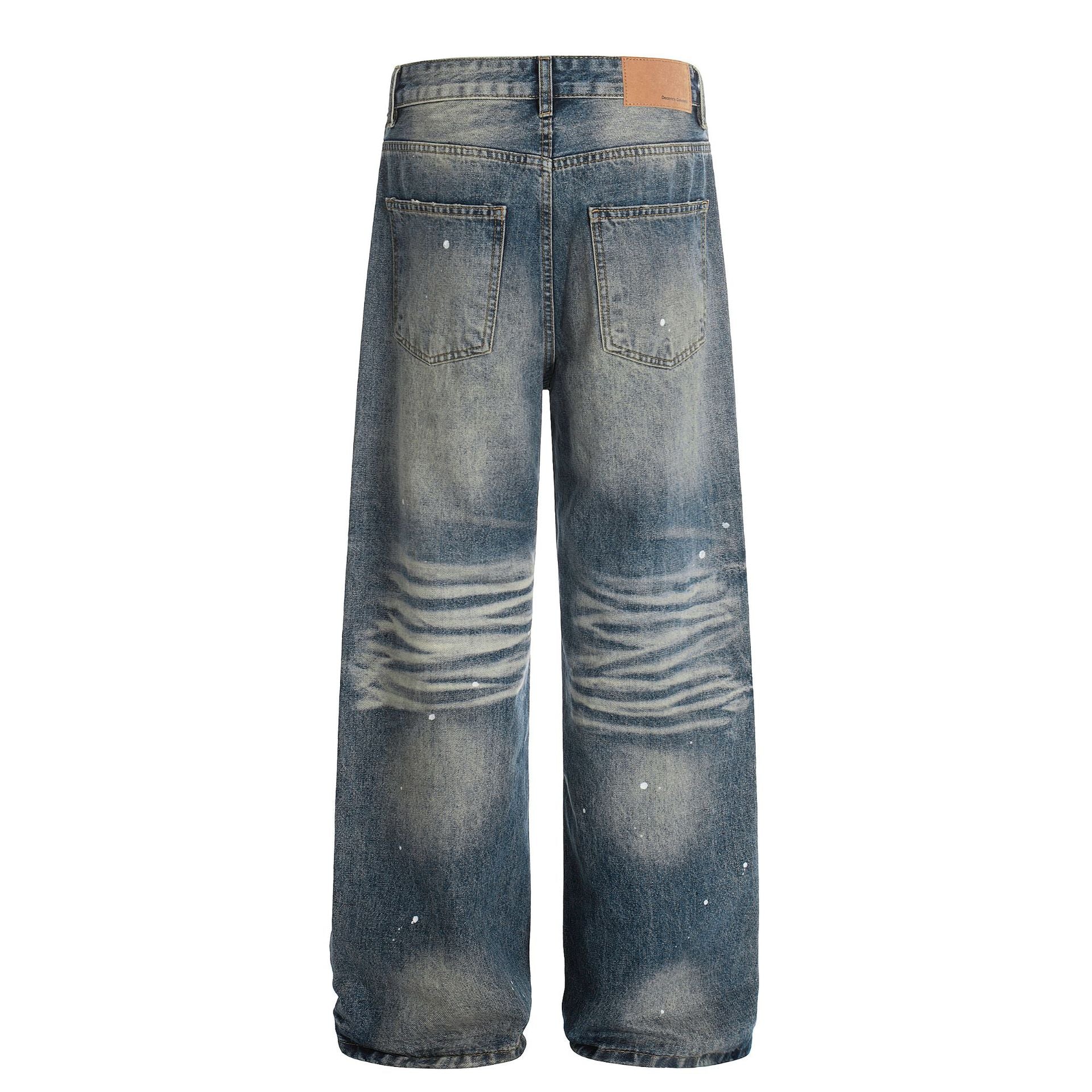 Washed Whisker Paint Splatter Straight Denim Jeans