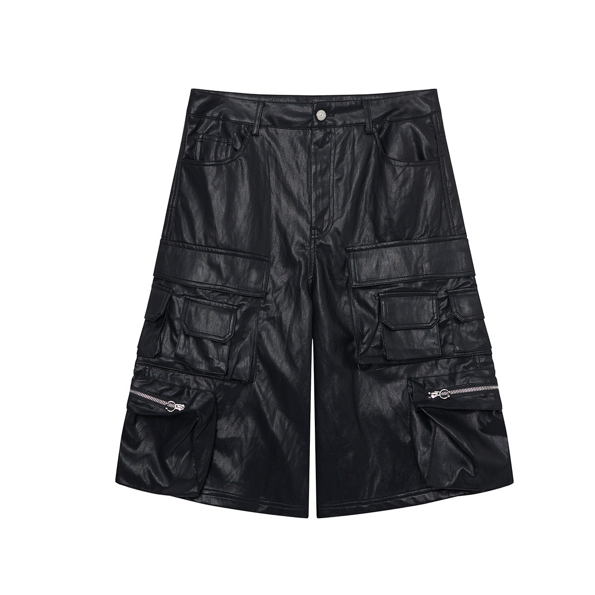 PU Leather Pocket Cropped Wide Leg Cargo Hahf Pants