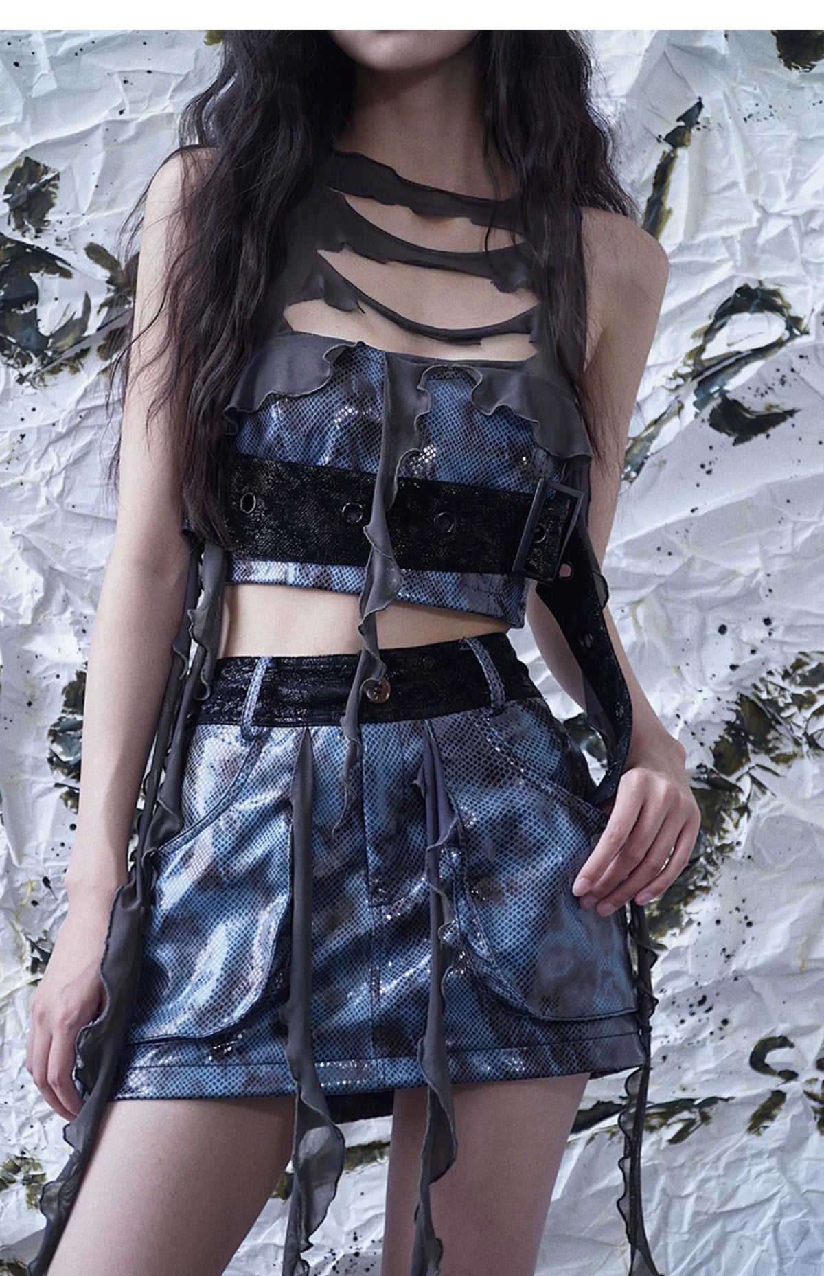 Fringe Patchwork PU Leather Skirt