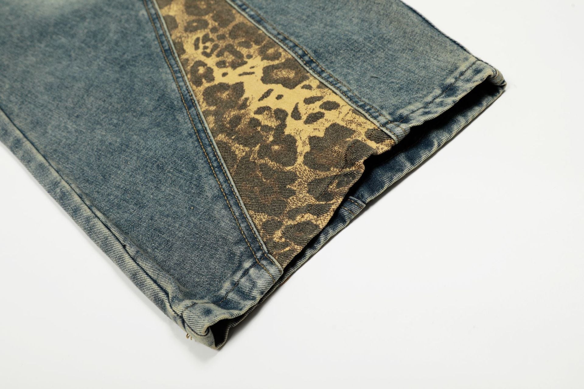 Washed Leopard Panel Curved Denim Jeans