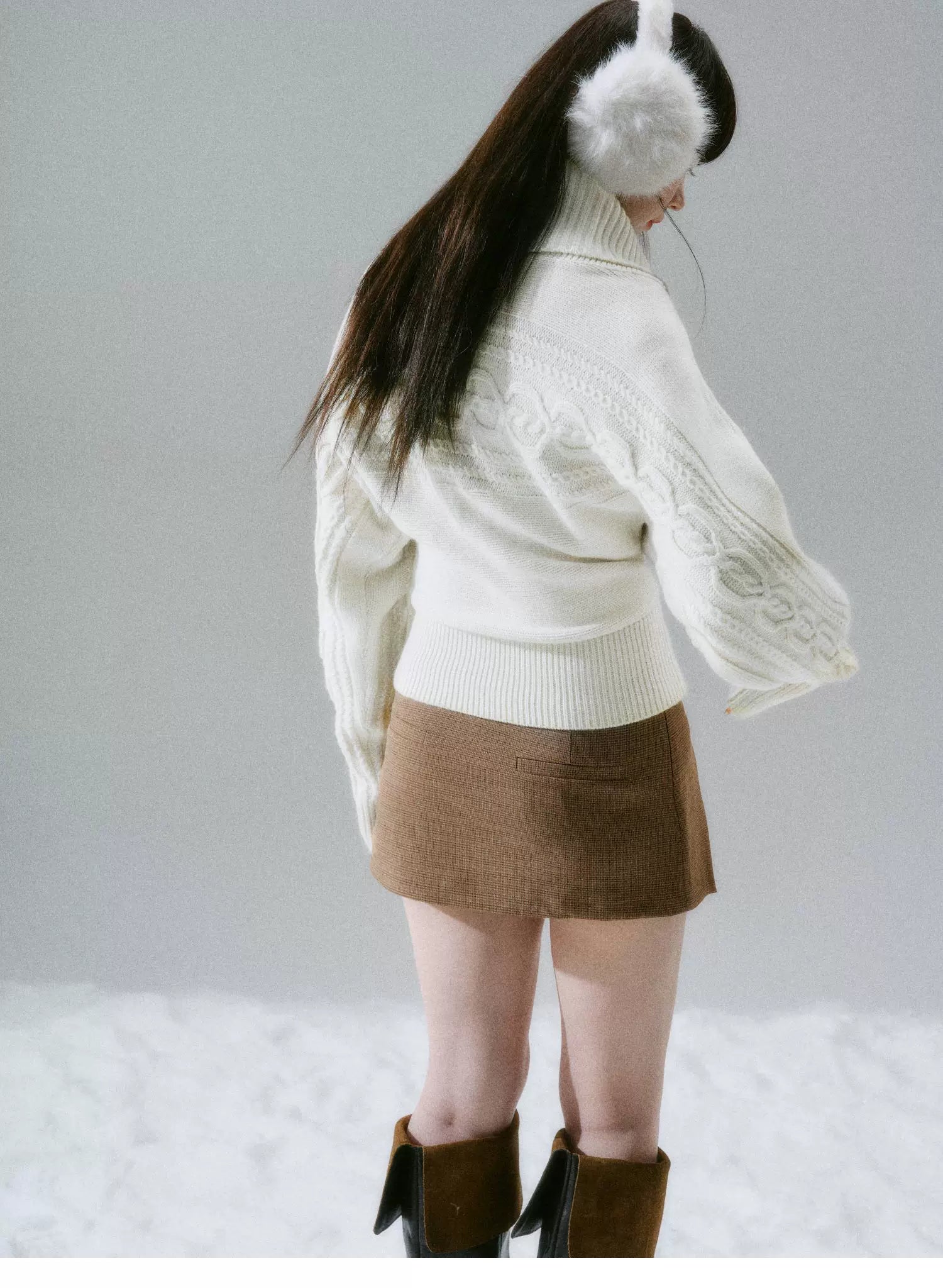 Ribbed Cowl Neck Cable Sleeve Knit Sweater