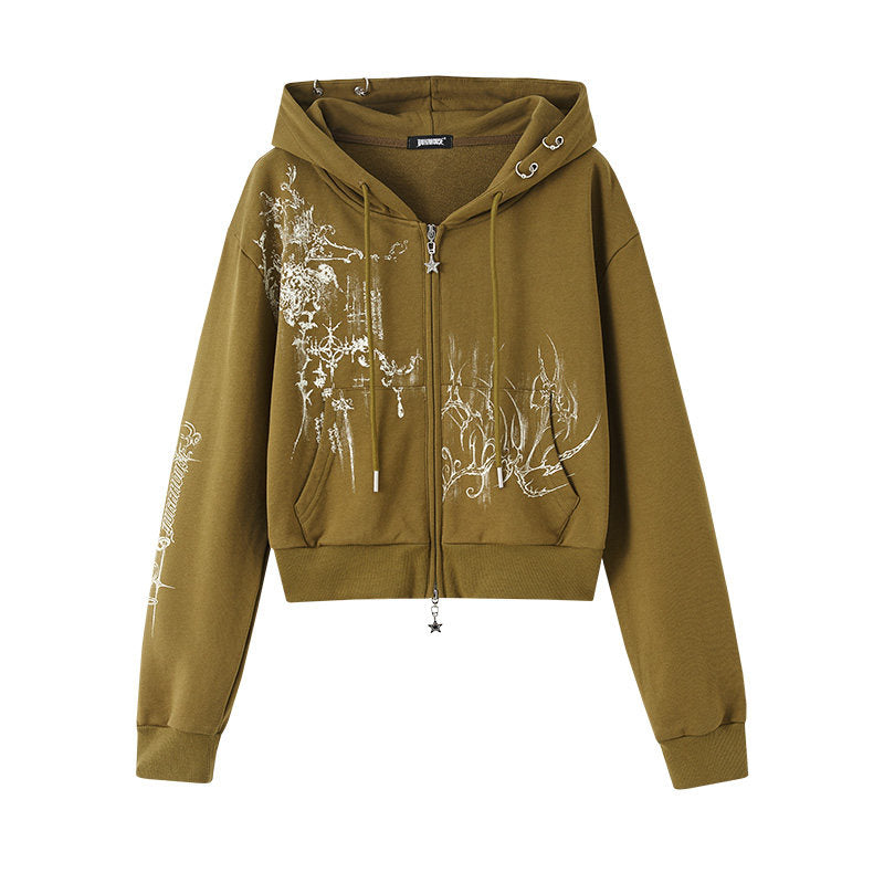 Cropped Graphic Print Zipper Hoodie