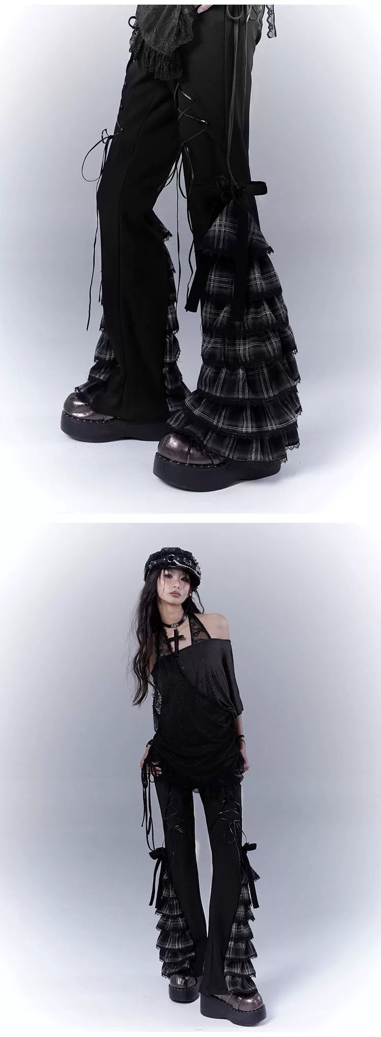 Plaid Tie Detail Tiered Pants