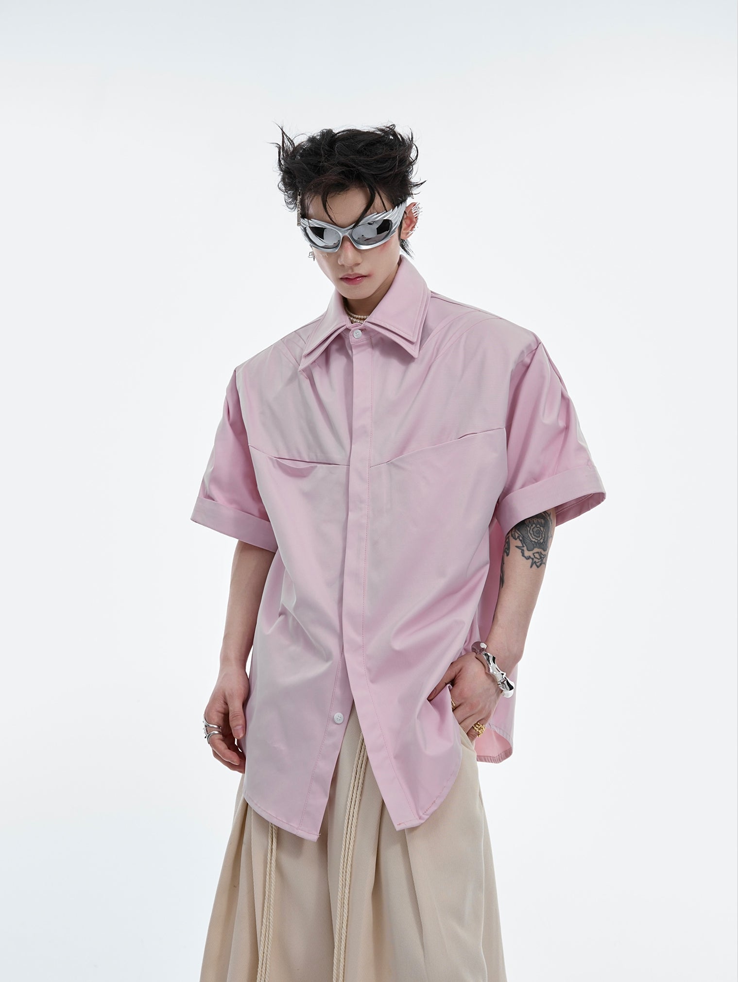 Double Layered Collar Shoulder Pads Plan Shirt