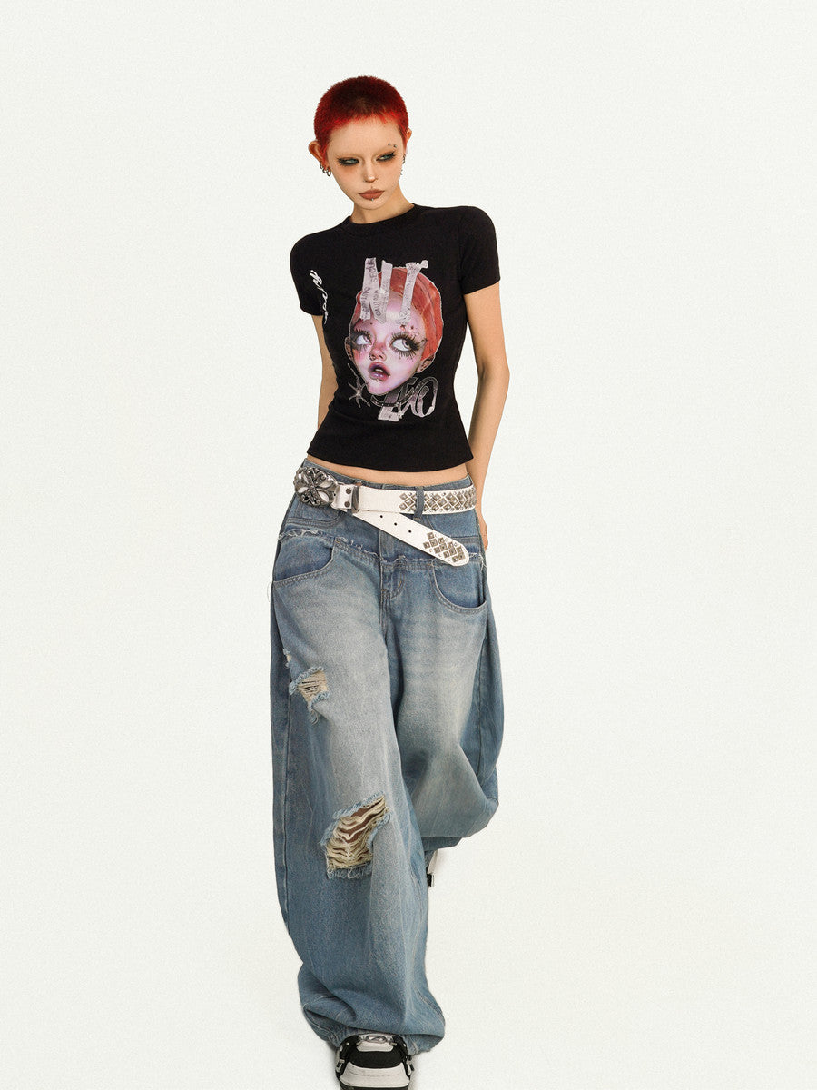 Portrait Print Fitted Short Sleeve T-Shirt