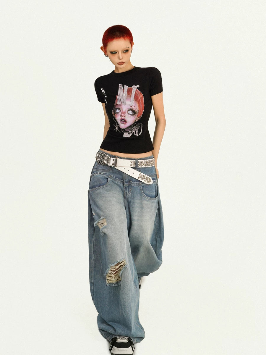 Portrait Print Fitted Short Sleeve T-Shirt