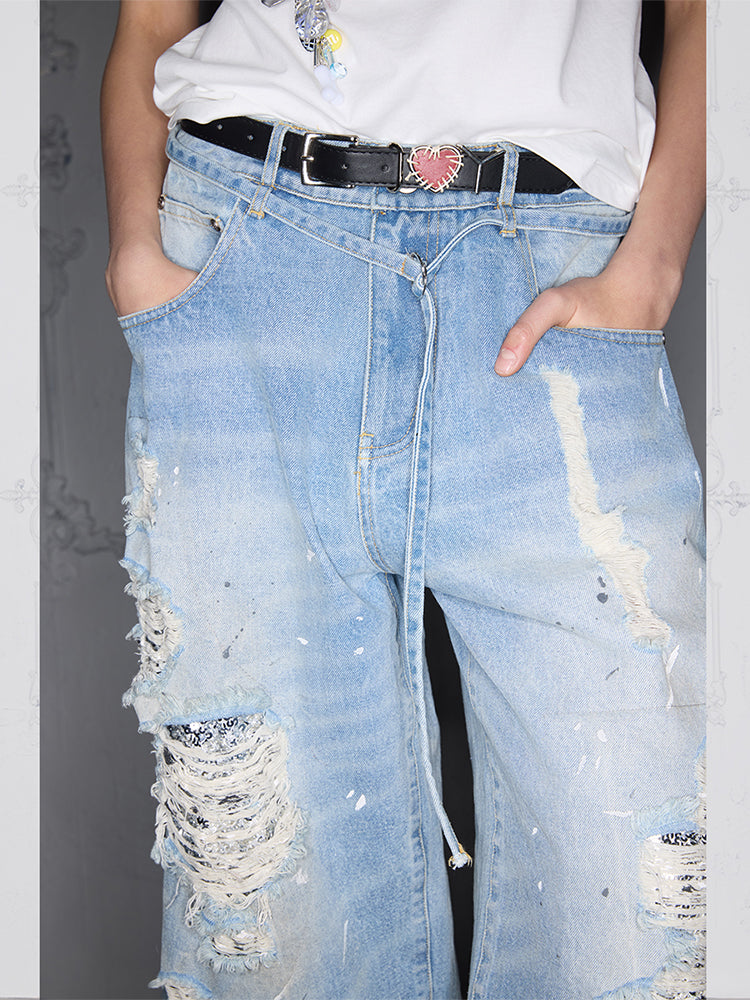 Sequin Damage Paint Wash Drawstring Denim Short
