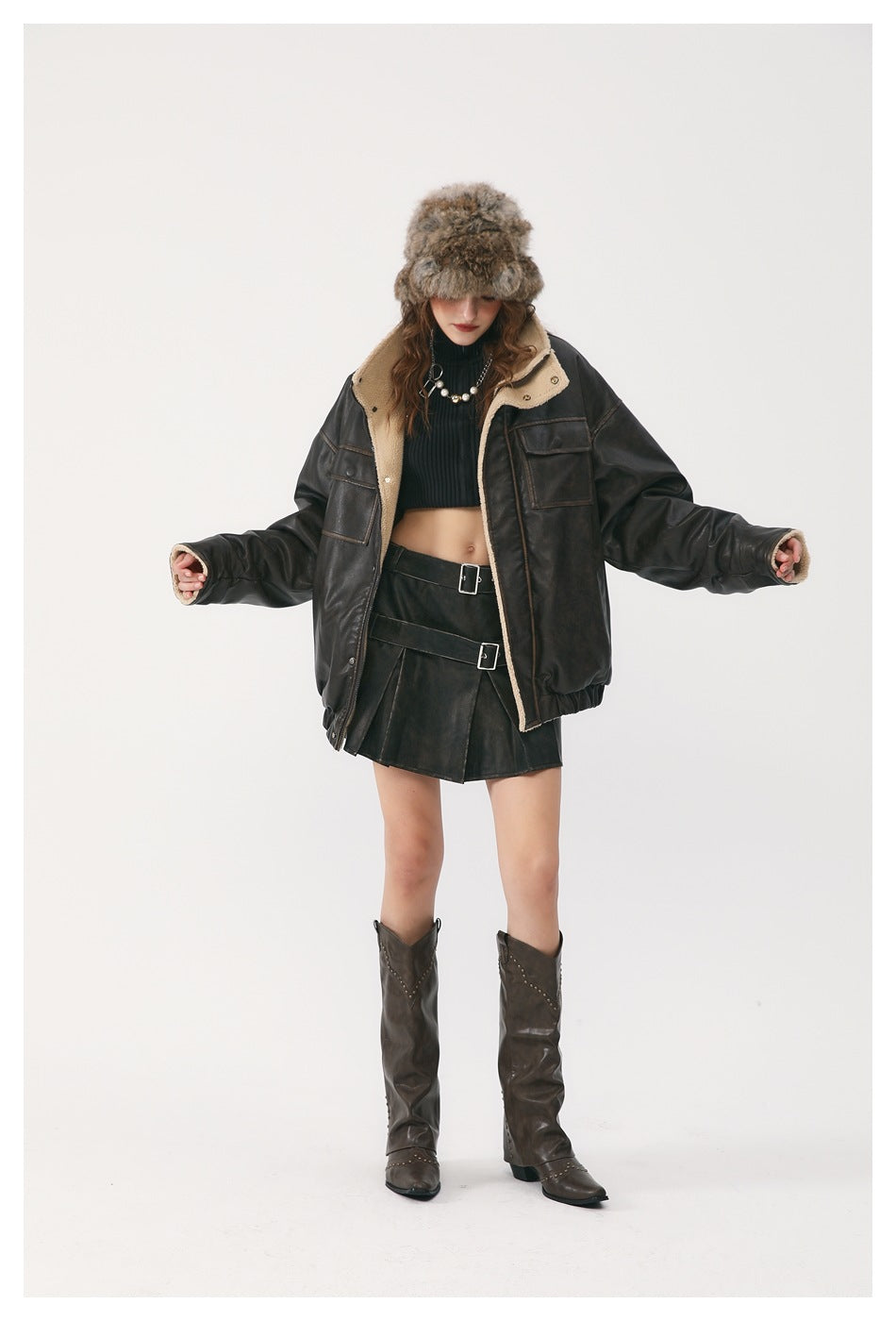 Veste unisexe vintage doublée de laine et de cuir