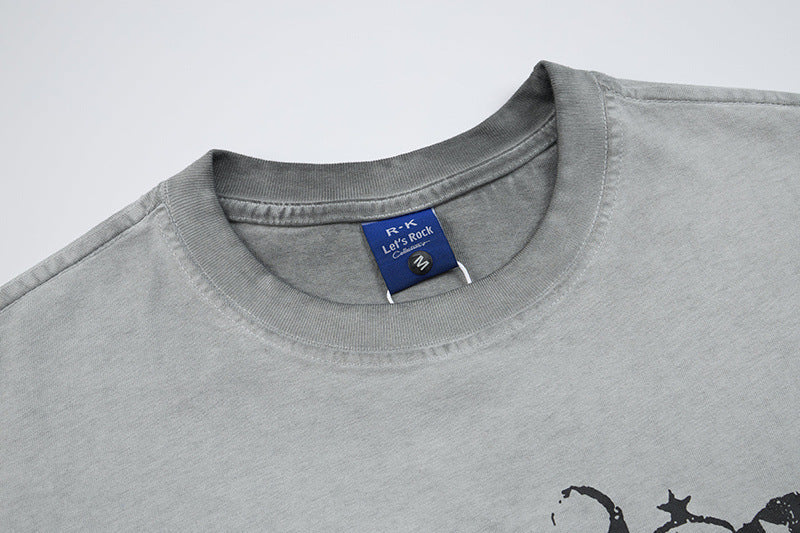 Washed Portrait Letter Print Short Sleeve T-Shirt