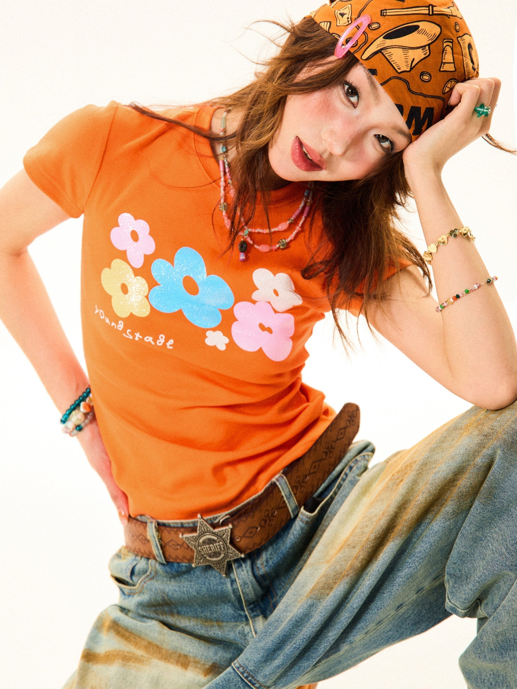 Flower Print Cropped Short Sleeve T-Shirt