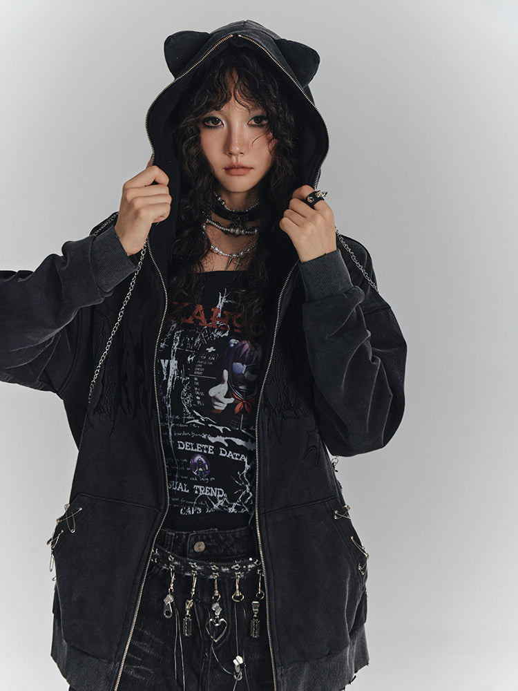 Cat Ear Safety Pin Oversize Zipper Hoodie