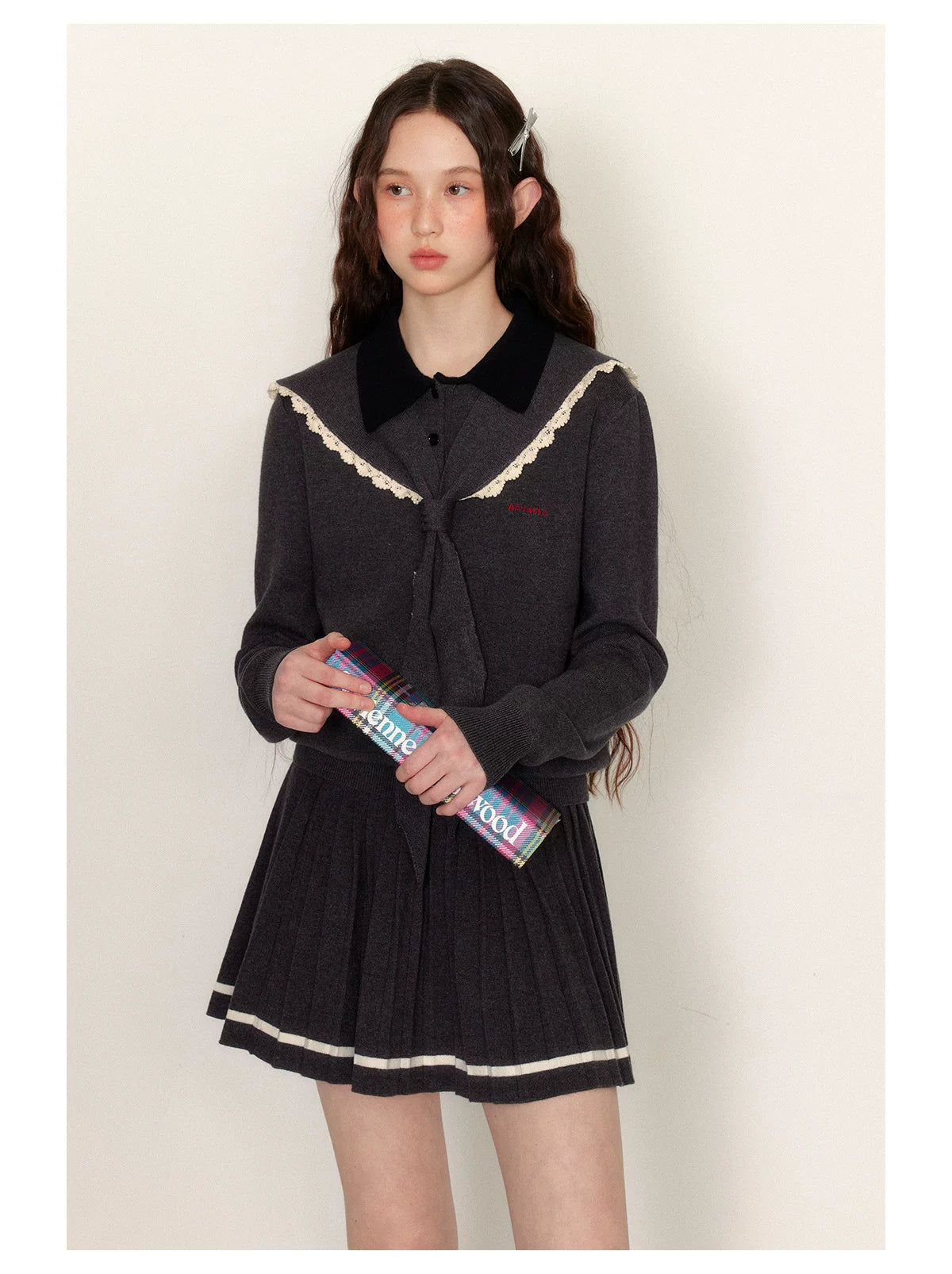 Detachable Sailor Collar Knit Sweater & Pleated Skirt Setup