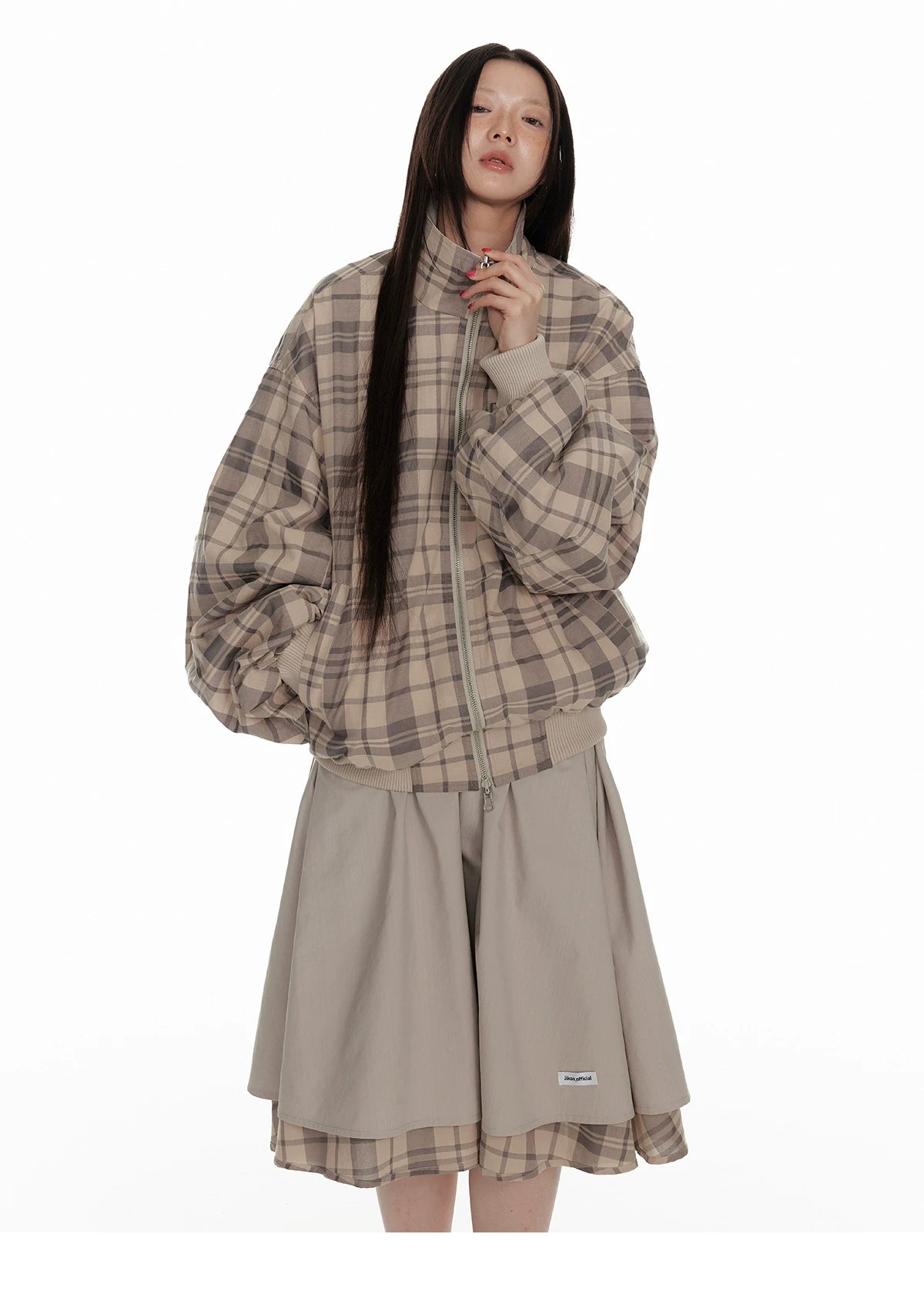 Hollow Star Stand Neck Recersible Jacket & Recersible Plaid Skirt Setup