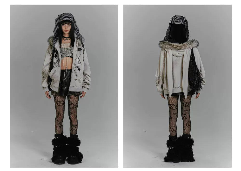 Graphic Fake Fur Hood Bunny Ear Zipper Hoodie Jacket