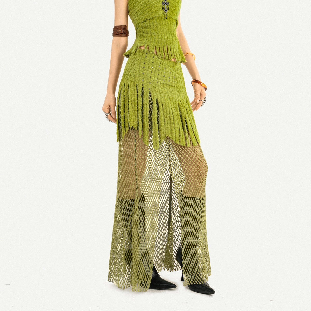 Fake Fur Patchwork Mesh Knit Cardigan & Tube Top & Mesh Long Skirt Setup